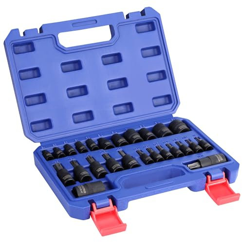 WORKPRO Set di Punte e Bussole Torx da 25 Pezzi, 1/4, 3/8 e 1/2, Bussole Femmina E-Torx E4-E22, Bussole a Pressione T8-T60, con Scatola di Conservazione