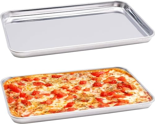 WSAMJIN Baking Tray Set of 2, Stainless Steel Oven Tray, Rectangle Traybake Cake Tin Mini Baking Sheet, Non Toxic & Healthy, Mirror Polished & Rustproof, Dishwasher Safe (22.7×14.7×1.2cm