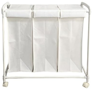 Schmaler 90L Wäschekorb, Wäschesammler mit Herausnehmbarem Beutel, Wäschekorb 3 Fächer, Zusammenklappbare Wäschebox aus Stoffmaterial, Wäschekorb mit Beinen(White)