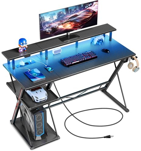 SEVEN WARRIOR Gaming Tisch mit LED & Steckdosen, 100 cm Computertisch mit Monitorständer & CPU Ständer, Schreibtisch mit 2 Haken & Fußstütze, perfekt für Schlafzimmer Büro,100 x 47 x 87 cm