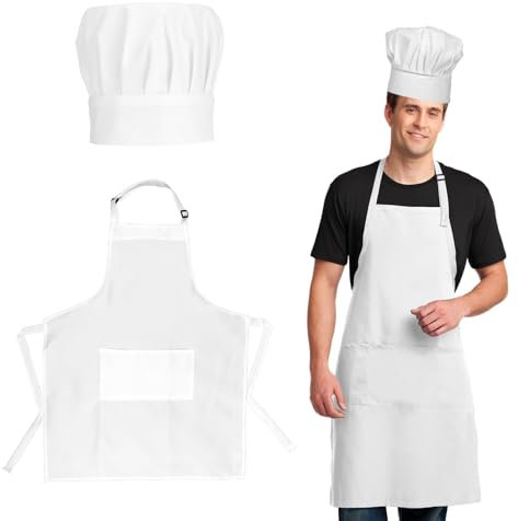 Xthrotsenk 2 Stück Kochschürze und Mütze Verstellbare Kochschürze mit 2 Taschen Damen Herren Küchenschürze Backschürze Bäcker Kostüm Schürze für Küche, Restaurant, Café