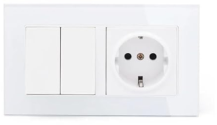 Base Schuko con doble conmutador, diseñado para instalaciones eléctricas, permite el control de iluminación y conexión de dispositivos.