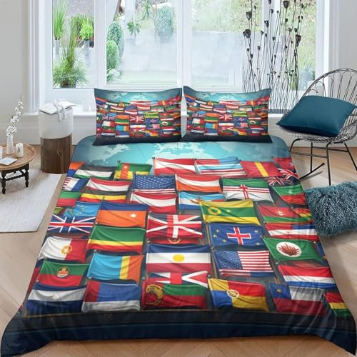 Länderflaggen Der Welt Bettbezug Set Bettwäschegarnitur Für Kinder Mädchen Jungen 3D Gedruckter Reissverschluss Weich Microfaser Und 2 Kissenbezüge Bettwäsche 3 Teilig 260X240 cm - Hyp -506S888X197X