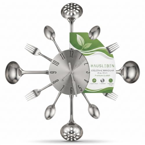 hausleben Wanduhr Küche 35 cm, Edelstahl Küchenuhr mit Besteck Design | Dekorative Küchenwanduhr mit geräuscharmem Quarzwerk, ideal für Esszimmer, Restaurant, Café, Bar und Gastronomie