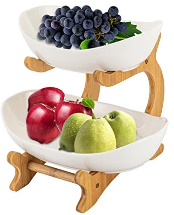 QuatoLuilo 2 Tier Ceramic Fruit Bowl, Vegetable Storage with Bamboo Wood Porcelain Fruit Stand Storage Holder for Kitchen Counter Large Capacity Fruits Holder for Bread, Snack (White)
