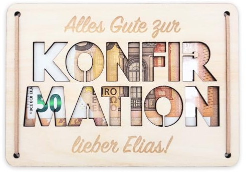 Geldgeschenk Konfirmation personalisiert aus Holz für Junge und Mädchen | Personalisiert, massives Holz, 12 x 17 cm, Geldverpackung, Konfirmationsgeschenk, für Junge & Mädchen