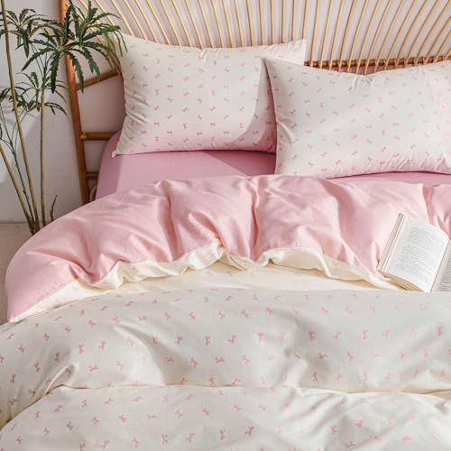 Tospass Bettwäsche 135x200 Baumwolle Beige Rosa Schleifen Bettwäsche Set | ÖKO-TEX Bettwäsche für Allergiker,Aesthetic Bettwäsche Mädchen,2teilig Bettbezug mit Reißverschluss und 1 Kissenbezug 80x80cm