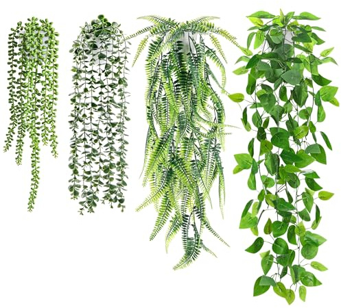 BTSD-home 4 Stück Fake Plants Hängepflanze Künstlich Für Zimmer Balkon Deko | künstliche pflanzen wie echt Komplett pflegefrei Ganzjährig frisch und grün Leicht und flexibel umstellbar Grüner Blickfang