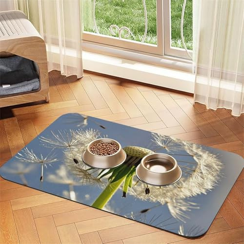 Pusteblumen-Hundefuttermatten für Böden, 30,5 x 45,7 cm, rutschfeste, super saugfähige Haustierfuttermatte, Geschirrspüler-Hundematte für Futter und Wasser, niedlich, Gummi, schnell trocknend