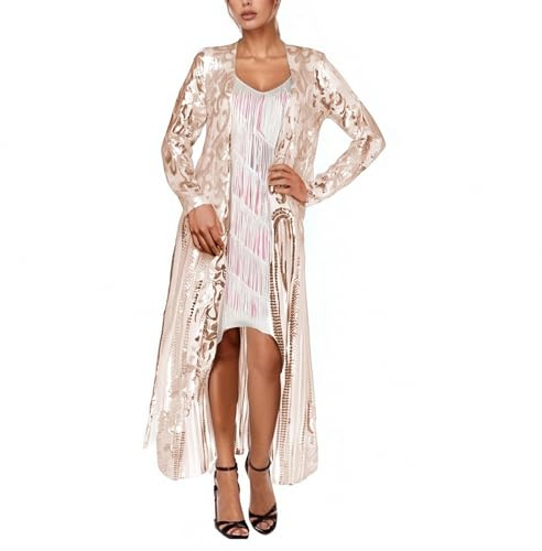 Duohropke Cárdigan de lentejuelas para mujer, largo, sexy, abrigo, primavera, otoño, gran tamaño, chaqueta de punto brillante, maxi abierta, chaqueta boho transparente, kimono para fiesta, carnaval
