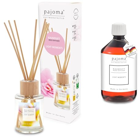 pajoma® Raumduft Light Moments 100 ml + Nachfüller 500 ml | Komplett-Set mit Rattanstäbchen | Langanhaltender Diffuser, Premium Qualität