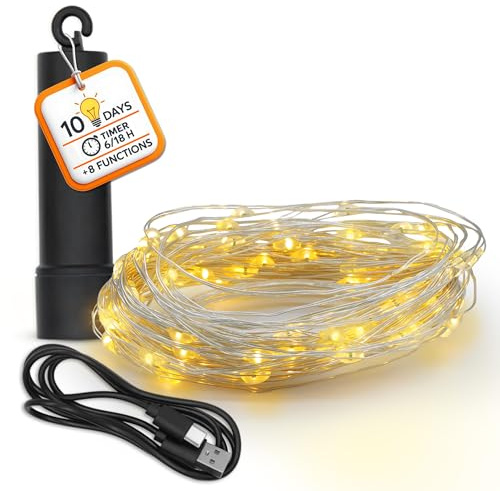 Guirlande lumineuse à piles rechargeable par USB jusqu'à 10 jours d'éclairage avec minuterie – 100 LED sur 10 m – Décoration extérieure blanc chaud avec 8 fonctions – Pour Noël, jardin, fête