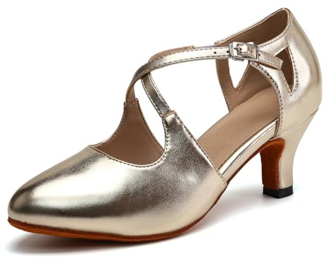 YCALCP Women's Ballroom Latin Dance Shoes Closed Toe Character Shoes Practice Salsa Tango Performances Dancing Shoes, 6.5 UK Gold