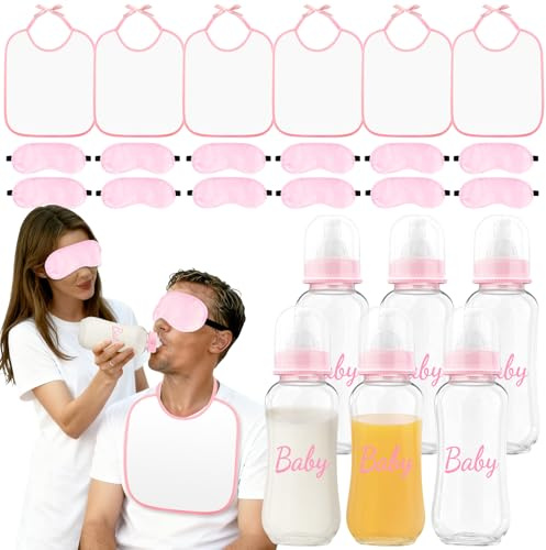 24 Pcs Babyparty Spiele Babyparty-Fütterspiel-Set zum Blinden-fütterungsspiel mit 6 Kunststoffflaschen, 6 Lätzchen und 12 Augenmasken, Babyparty-Fütterspiel-Set für Erwachsene, Jungen, Mädchen(Rosa)