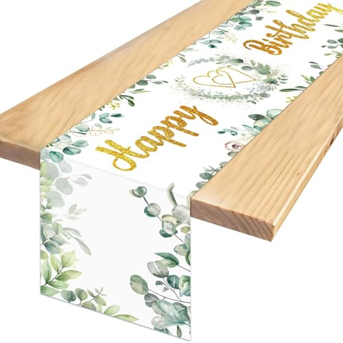 TaimeiMao Happy Birthday Tischläufer Eukalyptus,183X33 cm Farbe Eukalyptus | Tischläufer Geburtstag Grün,Tischdeko zum Geburtstag für Männer und Frauen