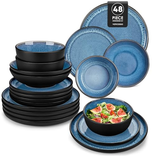 vancasso 48 Piece Dinner Set, Stoneware Plates and Bowls Set for 12, Mediterranean Style Dinnerware Sets in Vibrant Blue, Playa Series Dinner Service Set