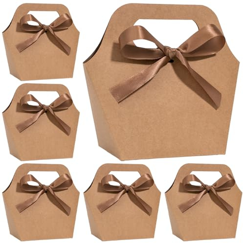 Ovanda 6 Stück Geschenkbox, Papiertüten mit Henkel, 14x10x6cm Geschenkbox Klein, Schleife Geschenkschachtel, Geschenkboxen Kraftpapier für Geschenkverpackung Hochzeit Geburtstag Party