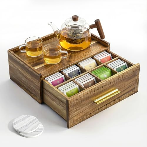 Acacia Wood Tea Bag Organizer with Storage Drawer | 8 Compartments Tea Caddy with Pattern Carving & 2 Ceramic Absorbent Coasters | Wooden Teabag Holder Tea Organizers for Countertop Organizador de Te