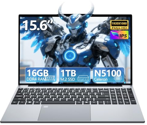 Ordenador Portátil Win 11 15,6 Full HD IPS 16GB RAM 1TB SSD Procesador Celeron N5100 (hasta 2,8 GHz) PC Portátil Teclado Retroiluminado con Lector de Huellas WiFi5 BT 4.2 HDMI USB 3.0 Batería 5000mAh