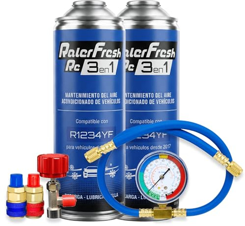 Ralerfresh RC 3 en 1 – Recharge climatisation voiture R1234yf Depuis 2017, gaz réfrigérant, colmate les fuites, lubrifiant, entretien complet (2 bouteilles + manomètre Tuyau + raccords)