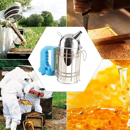 HELEVIA Bienenstock-Räucherofen aus Edelstahl, Ergonomischer Griff, Hitzeschutz, Leistungsstarker Motor, mit Schutzplatte für Imkereiausrüstung und Bienenvolkmanagement