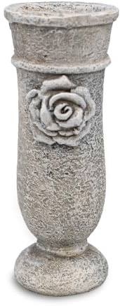 Logbuch-Verlag Grabvase mit Rose Antik Grau Polyresin ca. 17 cm Grabdeko Vase Trauerdeko Grabschmuck Blumenvase Friedhof Steinoptik Rosenrelief Beerdigung Erinnerung