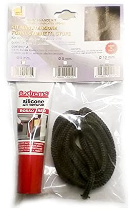 Kit guarnizione vetro stufa pellet camino sportello 10 mm. 2,5 mt + silicone HT 60 ml. treccia tonda