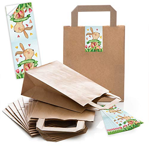 Logbuch-Verlag 10 Frohe Ostern Geschenktüten braune Papiertüten mit Osteraufkleber Osterhase Geschenkverpackung 18 x 8 x 22 cm