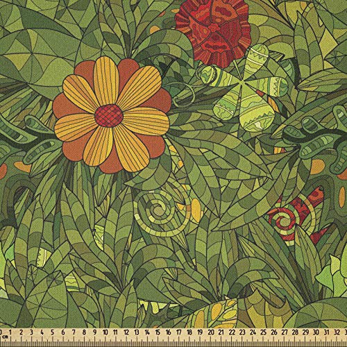 ABAKUHAUS Blumen Stoff als Meterware, Fractal-Retro Dschungel-Kunst, Microfaser Multi Zweck Dekostoff für Kunsthandwerke, 3M (230x300cm), Olivengrün Zinnoberrot Ringelblume