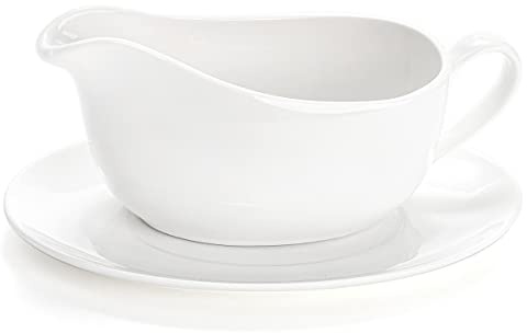 Yesland 15 Oz/450ml Gravy Boat and Tray, Ceramic White Gravy Sauce Boat with Saucer Stand for Dining, Holiday Meals & Parties