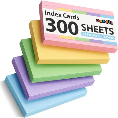 Koogel Flash Cards Blank Flashcards 300Pcs A6 Card 14.8×10.5cm 5 Colours 150gsm Unlined Index Cards for Study School Office University