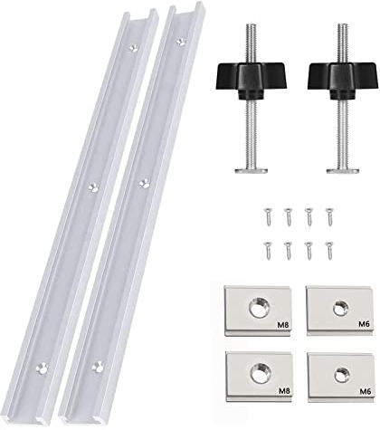 2 abrazaderas en T de aleación de aluminio con 10 tornillos autorroscantes, 2 mangos de plástico M8, tuerca deslizante M8/M6 T-Track tuerca de ranura en T, herramienta de carpintería