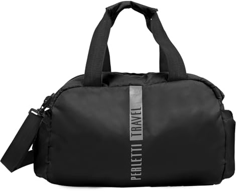 Perletti – Bolsa de Viaje Escolar para Adultos – Bolsa de Deporte Weekender Equipaje Cabina con Correa Ajustable – Bolso de Mano para Mujer y Hombre, avión, Ryanair, Easyjet 40 x 20 x 25 cm, Negro,