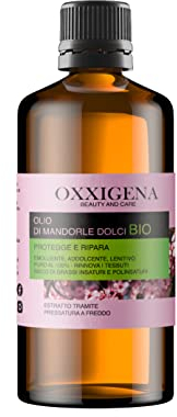 Oxxigena - Olio di Mandorle Dolci BIO e Puro al 100%, Confezione da 250 ml, Estratto a Freddo, Ideale per Massaggi Corpo, come Idratante e Struccante per la Pelle Secca e per i Capelli Crespi