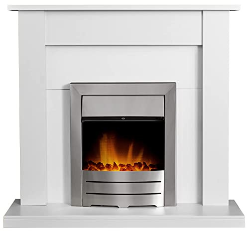 Adam Sutton Fireplace in Pure White with Colorado Electric Fire in Brushed Steel, 43 Inch