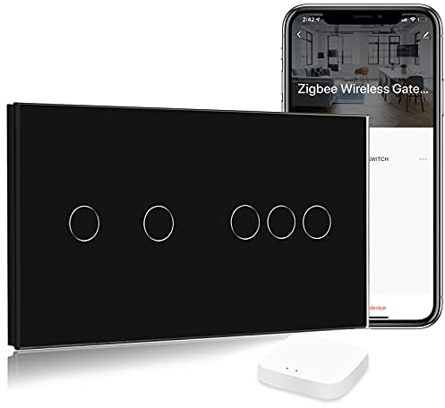 BSEED Smart ZigBee Interrupteur mural double tactile, compatible avec Alexa, 2 et 3 voies 1 voie Tuya/Google (hub ZigBee requis, pas de neutre) Noir