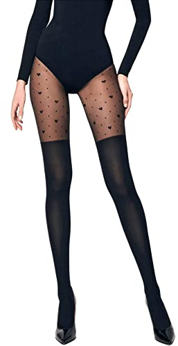 Conte Fantasy Opaque Tights with Overknees Imitation and Hearts Pattern, Karmen 50 Den, Black (Nero), Large