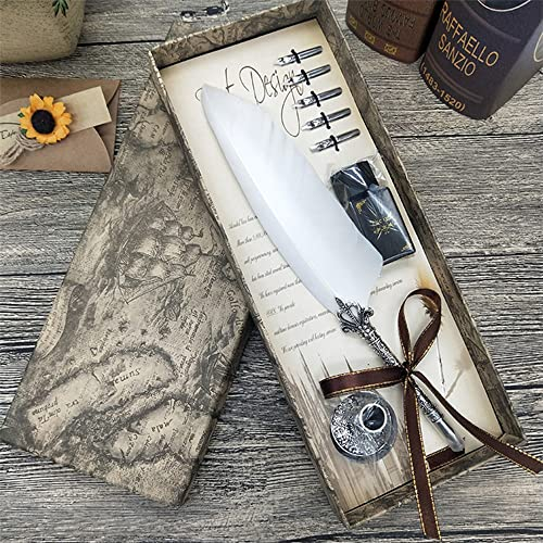 Tikwisdom Kalligraphie-Stift-Set, Schreiben Federstift, handgefertigte echte Feder und Edelstahlfeder beste antike Executive, Tinte enthalten, verbesserter Schreibstift (weiß)