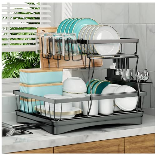 7 code Large Dish Drying Rack for Kitchen Counter,Detachable Large Capacity Dish Drainer Organizer with Utensil Holder,2-Tier Dish Drying Rack with Drain Board,Black