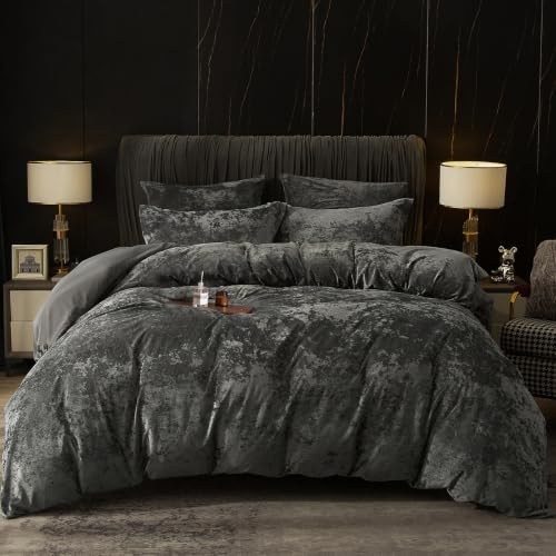 PHF Samt Bettwäsche 155x220, Luxus Flauschig Bettwäsche 155x220 cm mit 2er Kissenbezüge 80x80 cm, Kuschel Velvet Bettbezüge, Grau