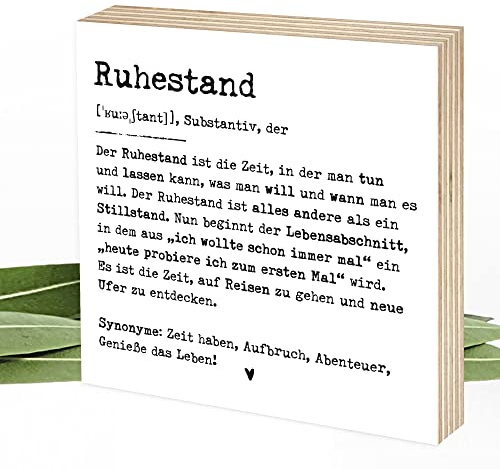 Wunderpixel® Holzbild Definition Ruhestand - 15x15x2cm zum Hinstellen/Aufhängen, Fotodruck mit Spruch auf Holz - schwarz-weißes Wand-Bild Aufsteller Zuhause Büro zur Dekoration Geschenk-Idee