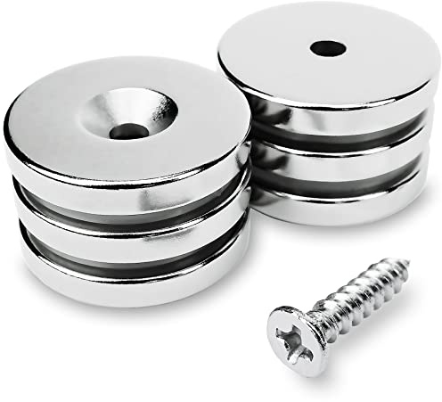 Sensei 6 Stück Ring-Neodymmagnet 25x4 mm mit Öffnung für Schraube, belastbar bis 9 kg + 6 Holzschrauben im Set