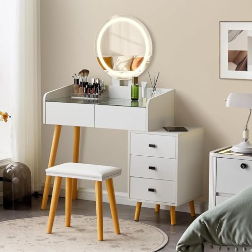 TUKAILAI Schminktisch mit Beleuchtung Spiegel und Hocker, Kosmetiktisch 5 Schubladen, 3 Farben mit Einstellbarer Frisierkommode Frisiertisch, Schminktisch Klein weiß 80x40x138 cm