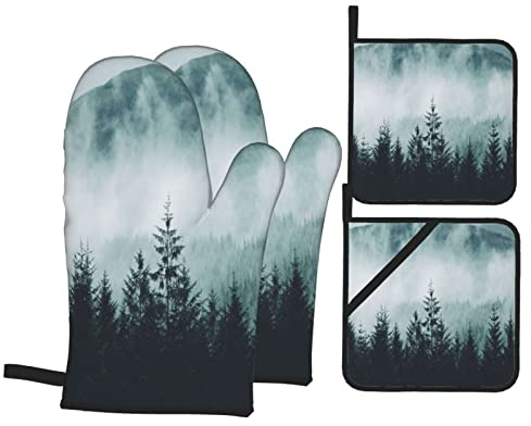 Mitaines de Four et maniques Gants de Cuisine Forêt avec Motif de Montagnes Mitaines de Four et maniques pour Cuisine (Ensemble de 4 pièces)