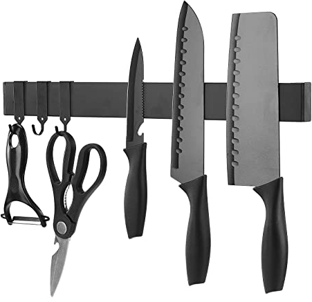Takefuns Modern Black Stainless Steel Magnetic Knife Holder with 3 Hooks