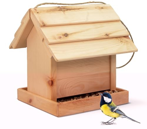 Zirbelino® ZirBIRD Wild-Vogelhaus für Gartendeko Outdoor | Futterplatz, Futterstation | Vogelfutterhaus zum Aufhängen, wetterfest, aus 100% Zirbenholz, Handarbeit