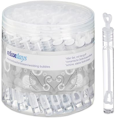 Relaxdays Seifenblasen Hochzeit, 48er Set, Seifenblasenröhrchen mit Herzgriff, Gastgeschenk, Herz-Seifenblasen, weiß