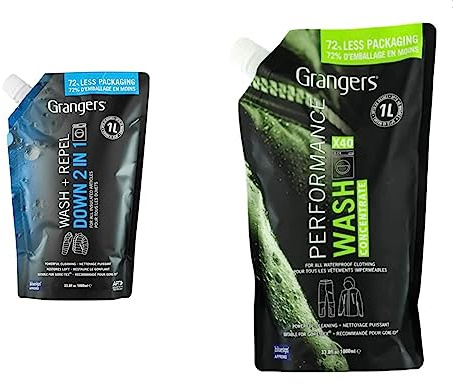 Grangers Wash + Repel Down 2 in 1 | Eco Pouch | 1 Litre | Restores loft, revives appearance and adds durable water-repellency & Performance Wash | Eco Pouch | 1 Litre | Cleans