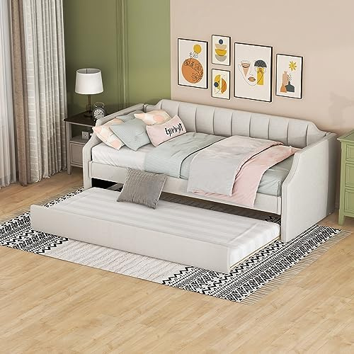 KecDuey Polsterbett 90x200cm, Ausziehbares Schlafsofa aus Strapazierfähiger Leinenstoff Jugendbett Kinderbett Gästebett (Beige)