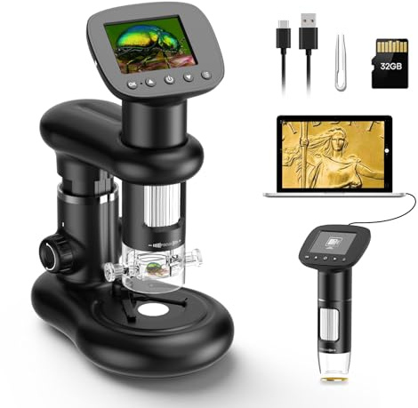 Microscopio Digitale Portatile D-MS1 con Schermo IPS da 2, per Scattare Foto e Video, Scaricare su PC e Mac, Microscopio tascabile 1000X per Bambini/Adulti con Supporto Scheda SD da 32 G